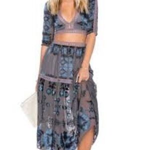 For Love And Lemons Patterned Blue and Gray Midi Skirt